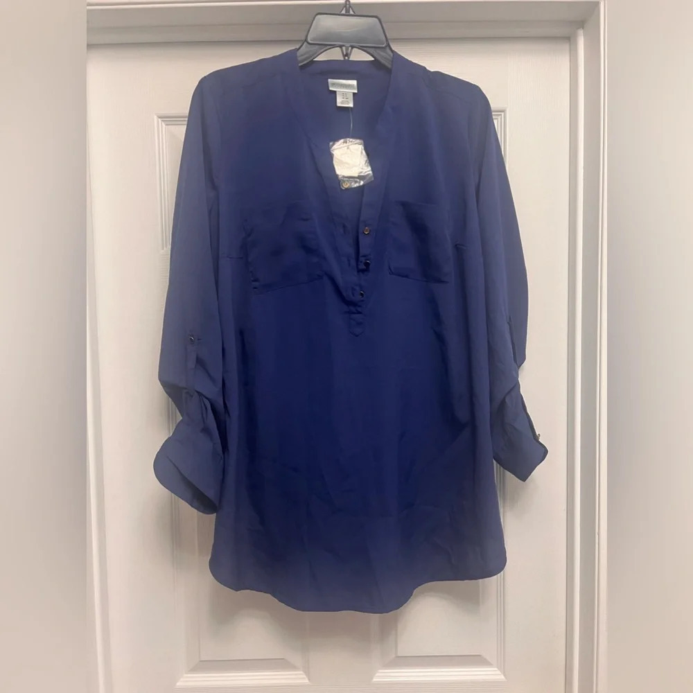 Motherhood Maternity Navy Blue 3/4 Sleeve Button Up Blouse Size S NWT
